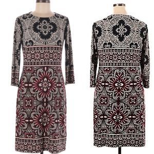 dm Collection 3/4 Sleeve Tunic Dress Size 4 Intricate Indian Pattern Burgundy